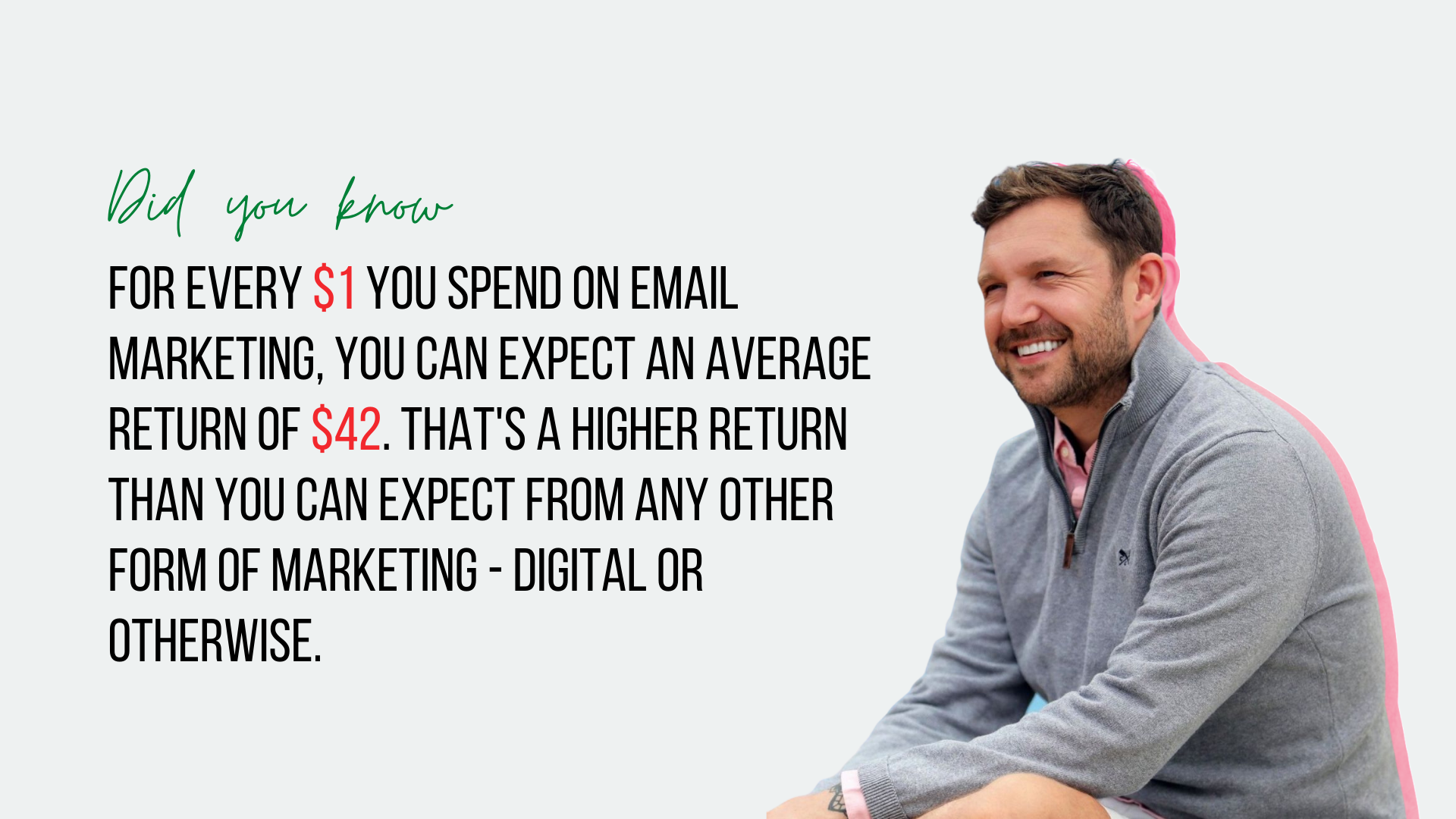 For every $1 you spend on email marketing, you can expect an average return of $42. That's a higher return than you can expect from any other form of marketing — digital or otherwise.